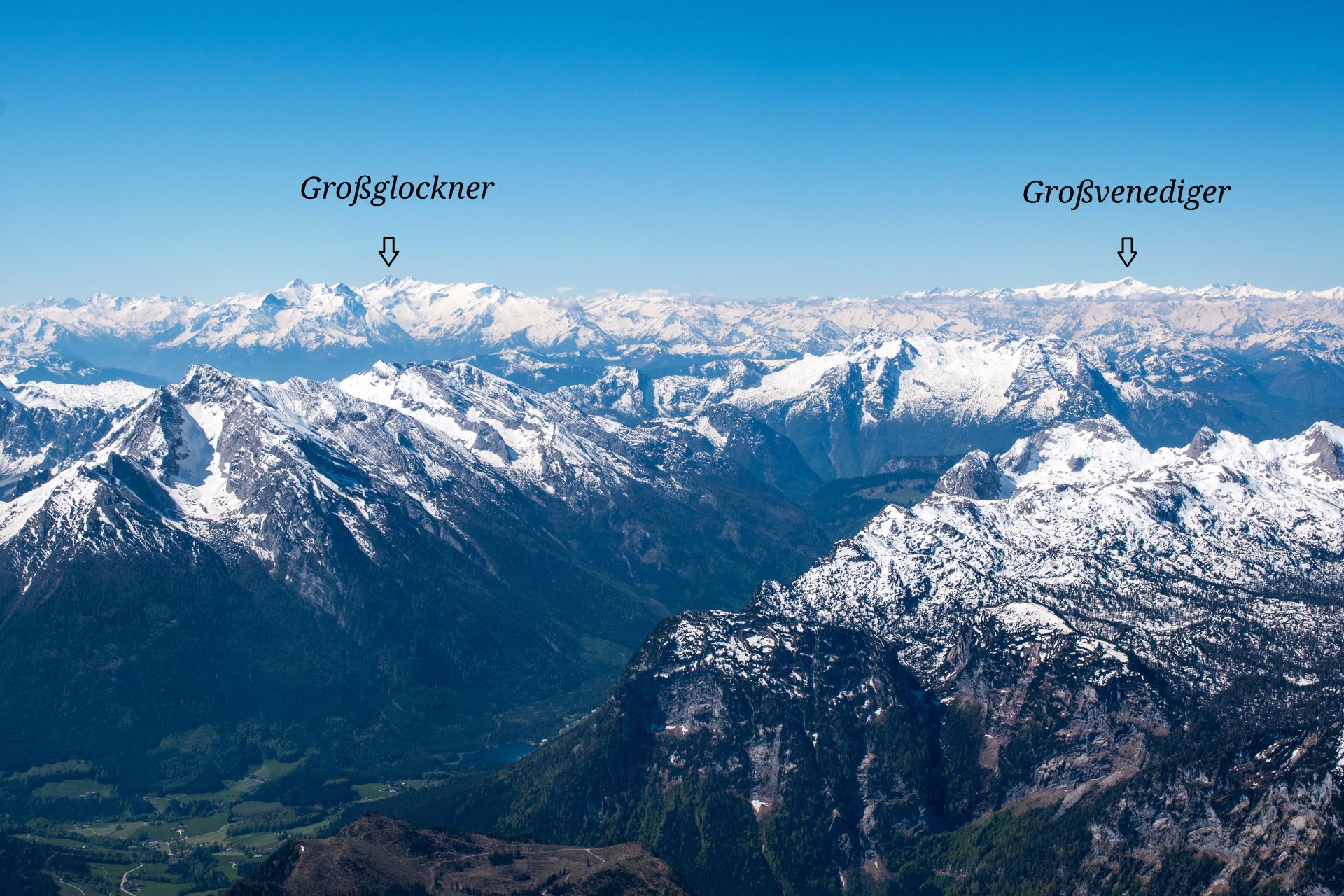 Flugstunde Alpentour, Sicht auf den Großglockner und Großvenediger